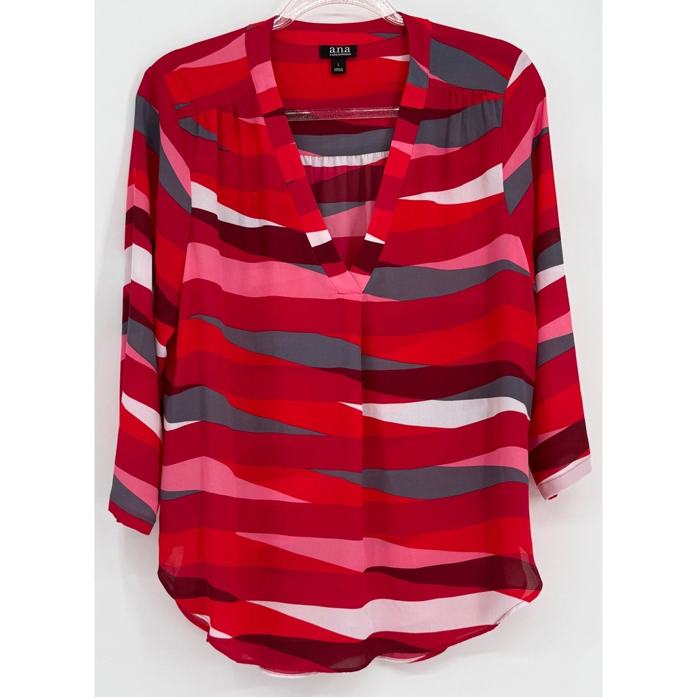 ana A New Approach Womens Red Pink Abstract Wave V-Neck 3/4 Sleeve Blouseโ Sz L